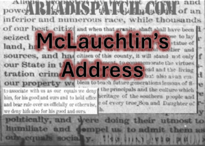 Collage of newspaper excerpts with 'McLauchlin's Address' as the focused title