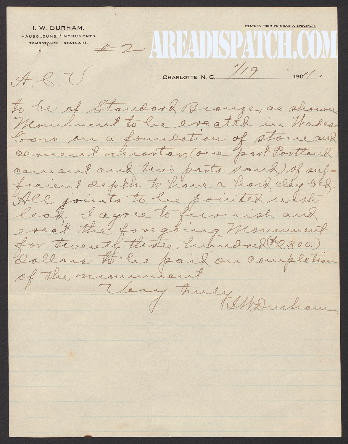 Page 2 of the proposal letter letter from IIW  Durham for the Confederate Soldiers' Memorial in Wadesboro, NC.