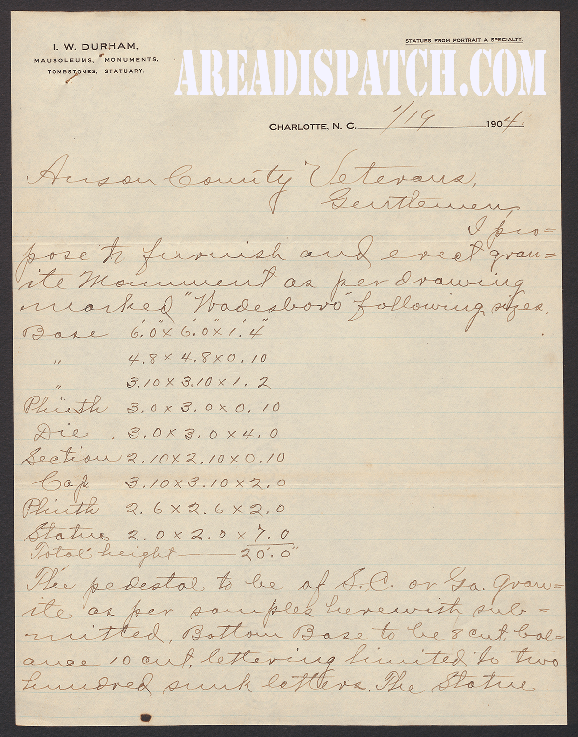 Proposal letter letter from IIW  Durham for the Confederate Soldiers' Memorial in Wadesboro, NC.