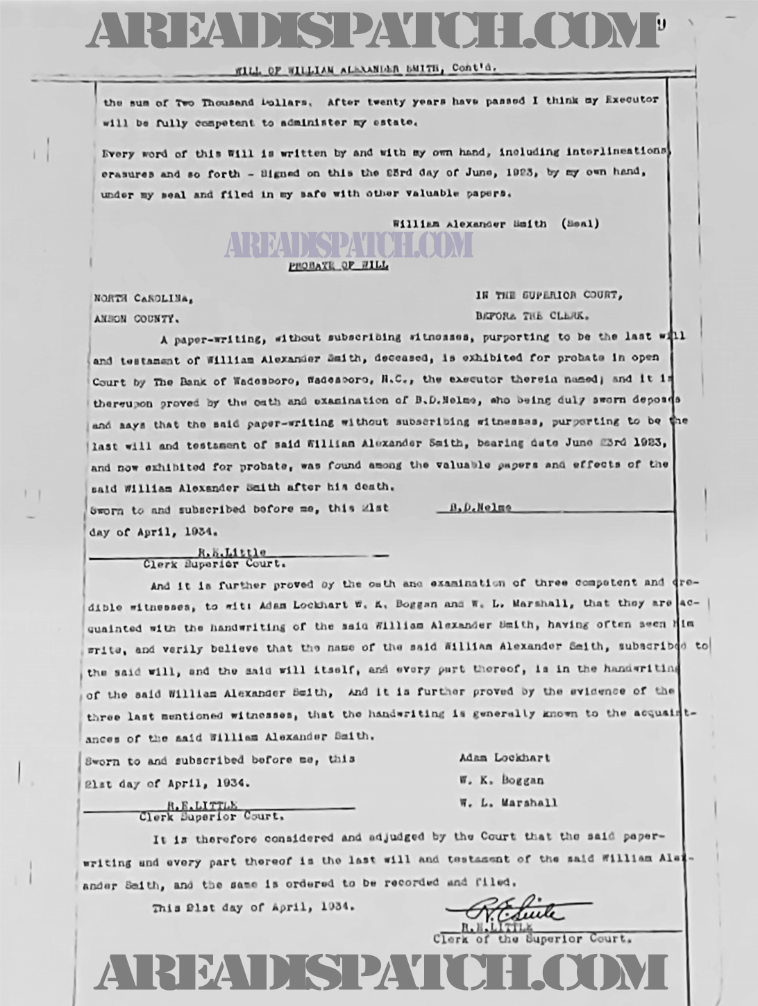 Page 9 of William Alexander Smith's will. Probate and final page.